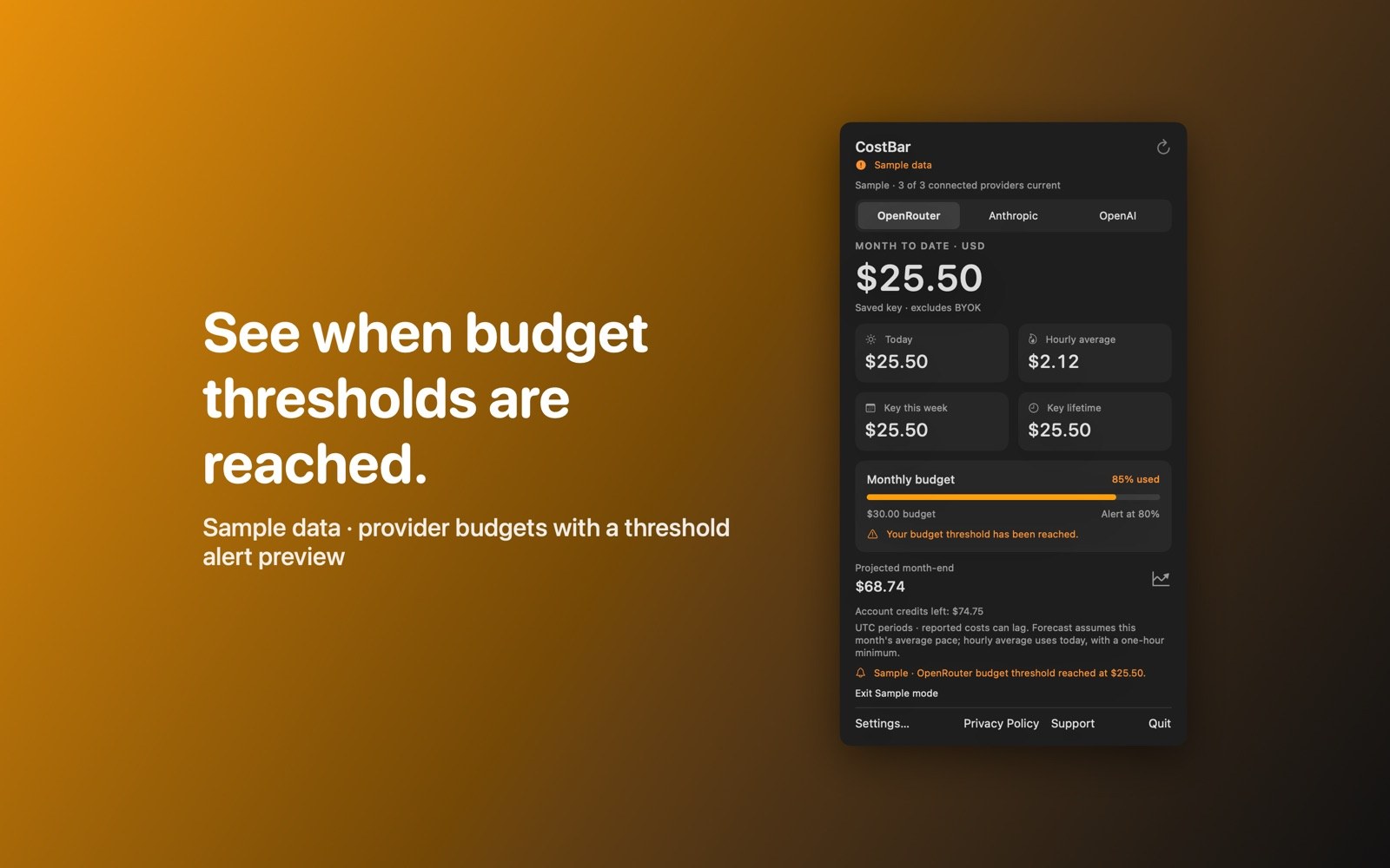 Sample budget usage has reached the alert threshold.