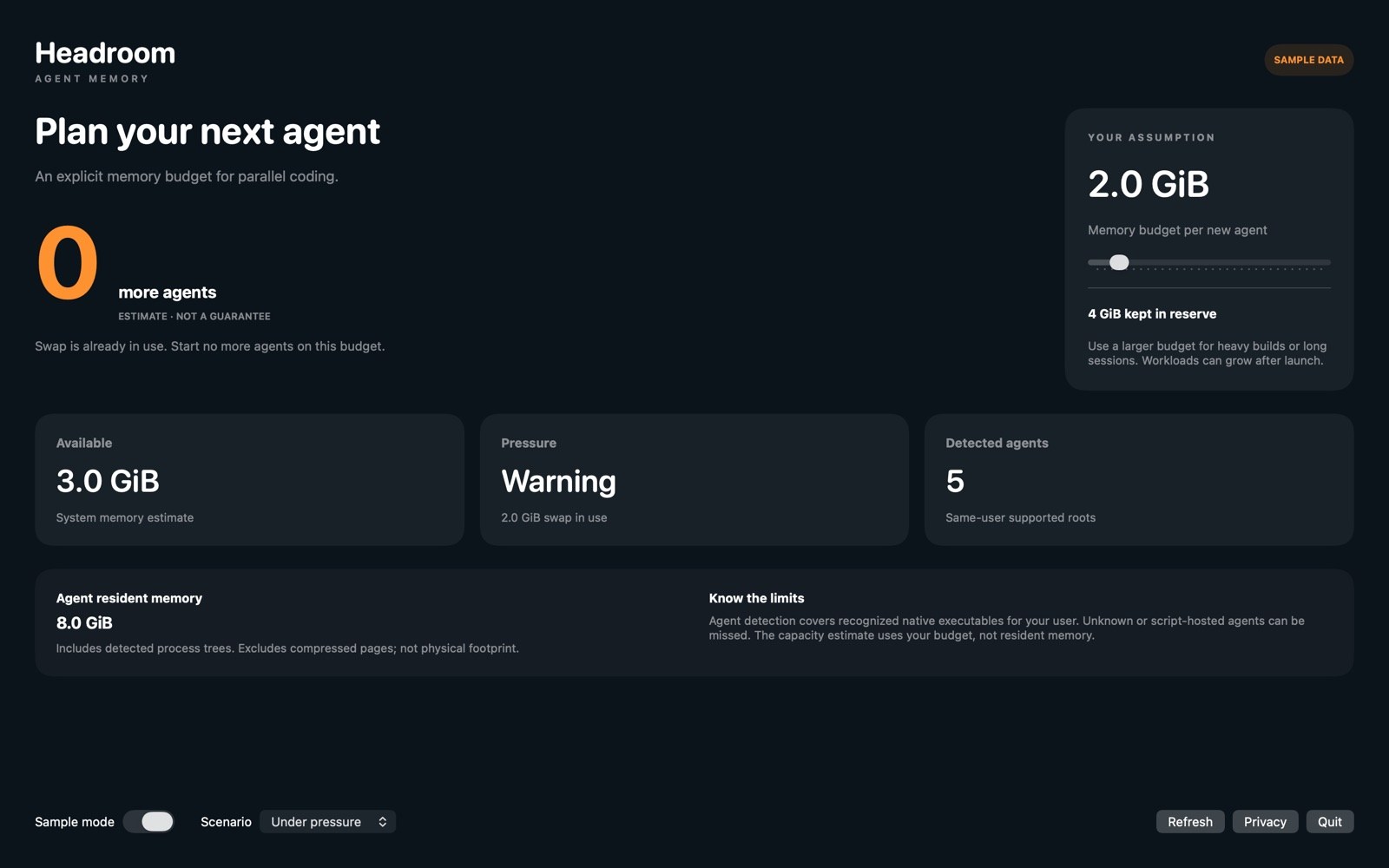 Under pressure, Sample mode shows swap use and no room for more agents.