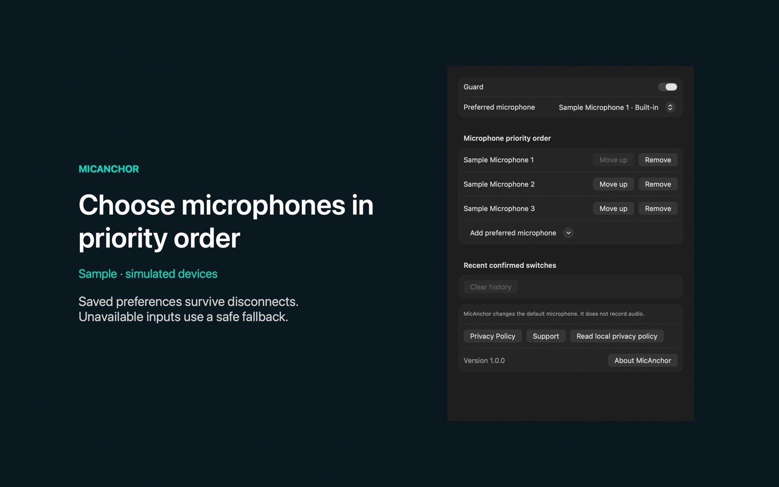 Sample microphone priorities with controls to reorder or remove inputs.