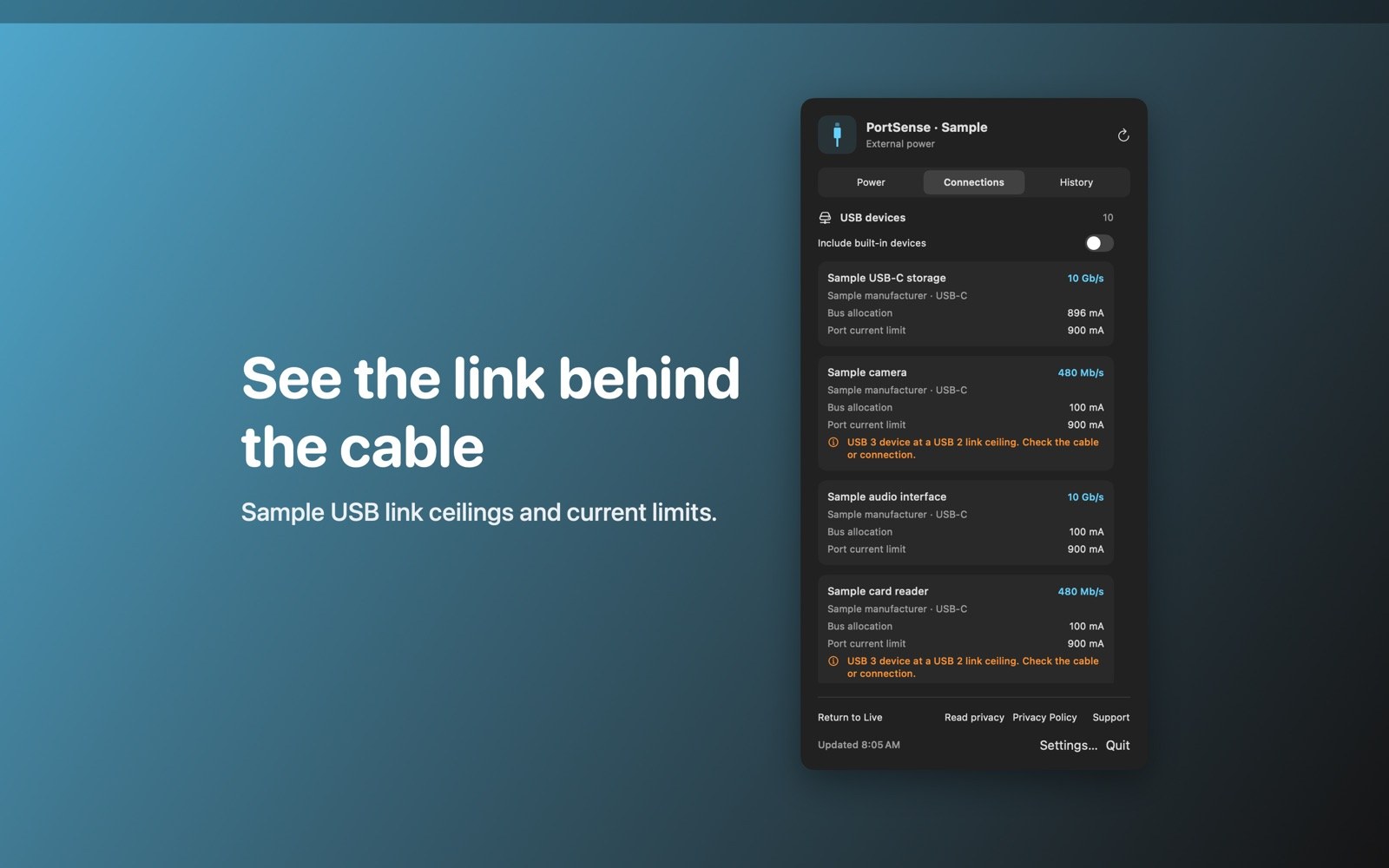Sample USB connections show link ceilings and current limits.